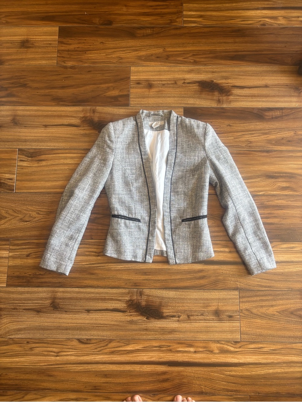 H&M Gray Tweed Open Blazer with Black Trim